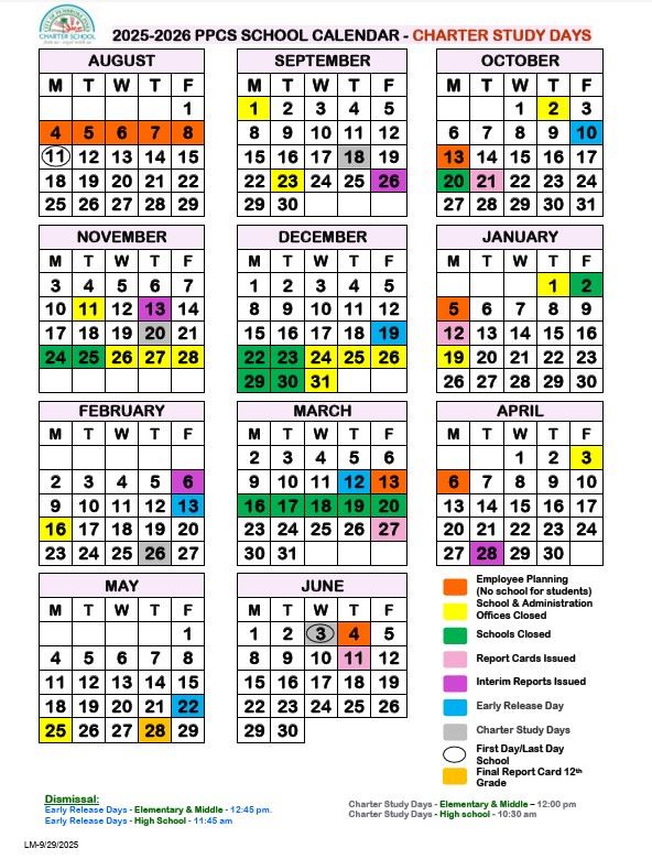 2025-2026 PPCS School Calendar 9.29.25